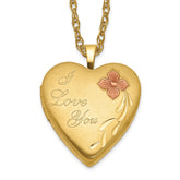 14k Yellow Gold Filled Heart Locket Necklace with I Love You Engraving, 20mm, Red Flower, 18 Inches